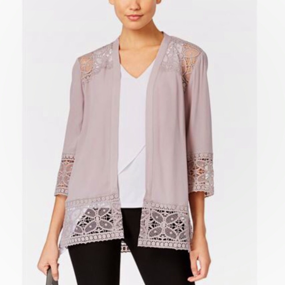 NY Collection Lace-Trim Open Front Cardigan